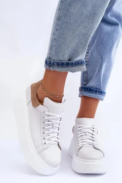 Damskie Buty Sportowe Skórzane na Platformie Białe Lemar 10150