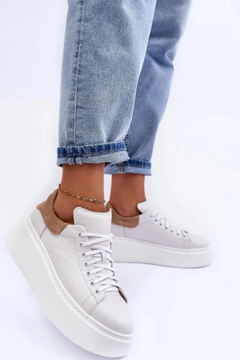 Damskie Buty Sportowe Skórzane na Platformie Białe Lemar 10150
