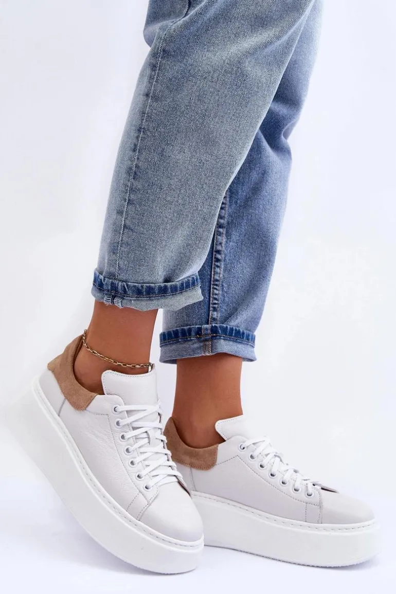 Damskie Buty Sportowe Skórzane na Platformie Białe Lemar 10150