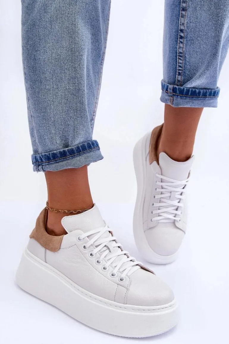 Damskie Buty Sportowe Skórzane na Platformie Białe Lemar 10150