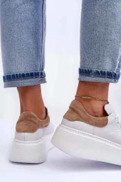 Damskie Buty Sportowe Skórzane na Platformie Białe Lemar 10150