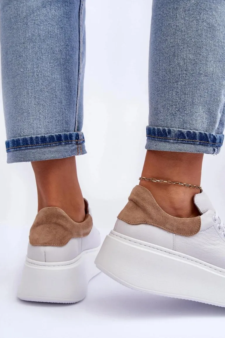 Damskie Buty Sportowe Skórzane na Platformie Białe Lemar 10150