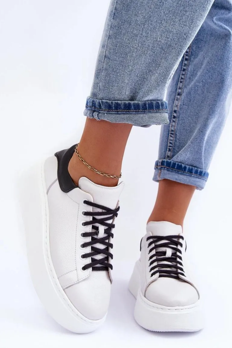 Damskie Buty Sportowe Skórzane na Platformie Biało-Czarne Lemar 10150