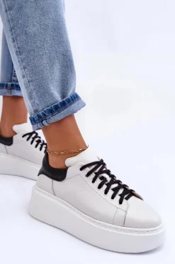 Damskie Buty Sportowe Skórzane na Platformie Biało-Czarne Lemar 10150