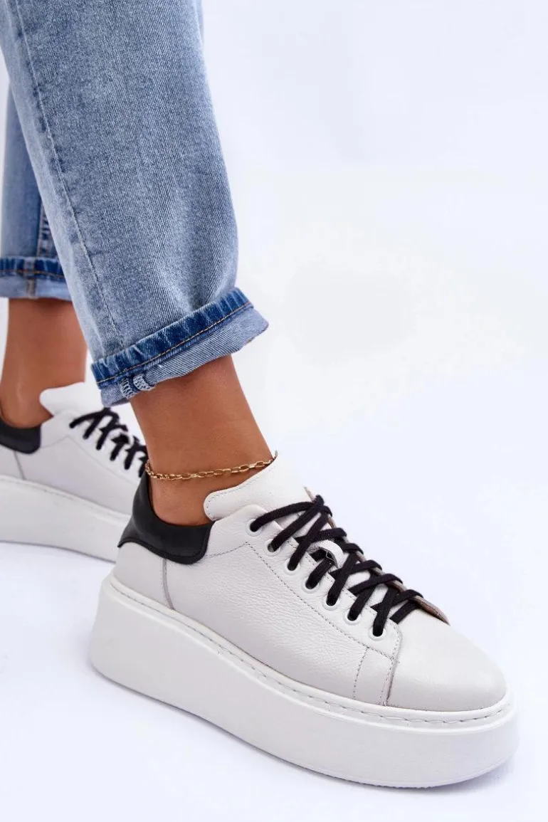 Damskie Buty Sportowe Skórzane na Platformie Biało-Czarne Lemar 10150