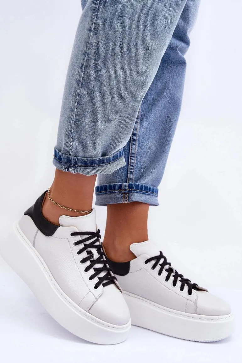 Damskie Buty Sportowe Skórzane na Platformie Biało-Czarne Lemar 10150