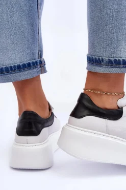 Damskie Buty Sportowe Skórzane na Platformie Biało-Czarne Lemar 10150