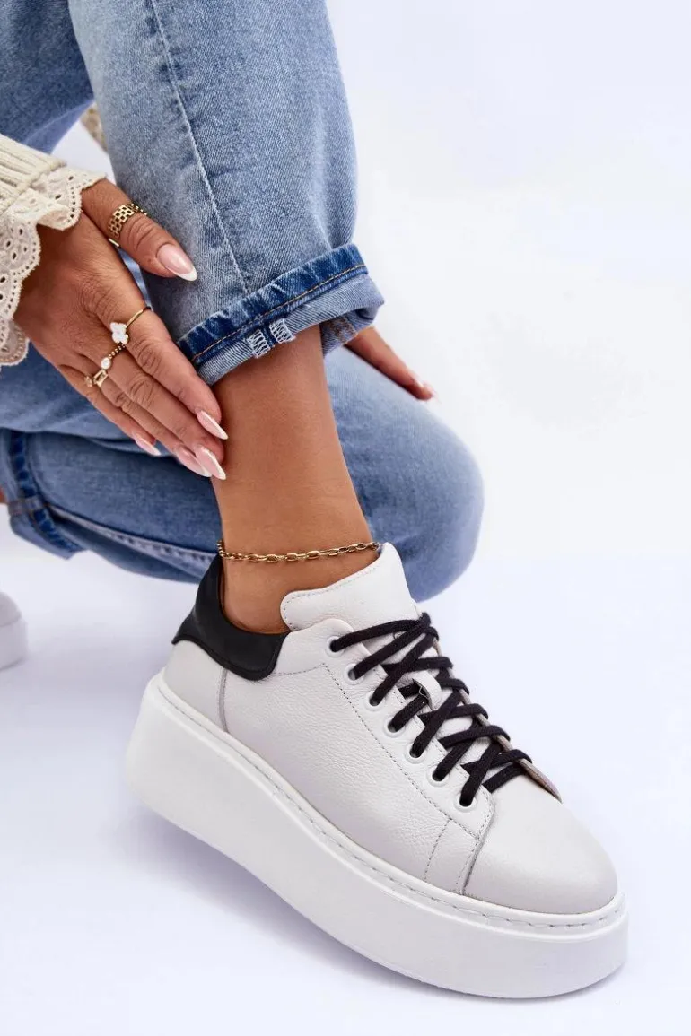 Damskie Buty Sportowe Skórzane na Platformie Biało-Czarne Lemar 10150