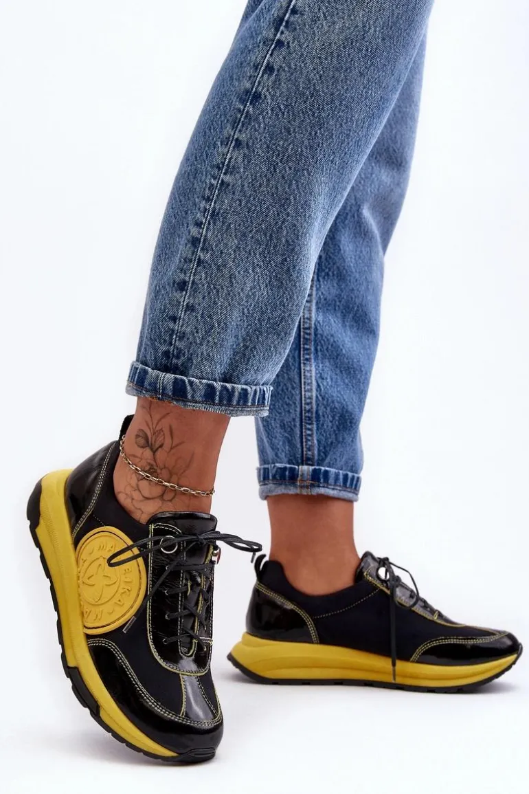 Damskie Buty Sportowe Skórzane Maciejka 06295-01 Czarno-Żółte