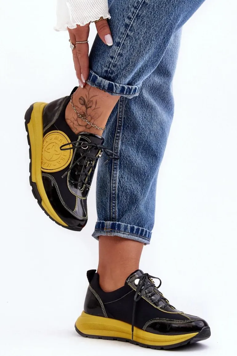Damskie Buty Sportowe Skórzane Maciejka 06295-01 Czarno-Żółte