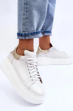 Damskie Buty Sportowe Skórzane na Platformie Białe Lemar 10150 - Złota Wstawka