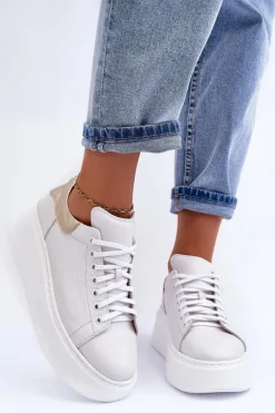 Damskie Buty Sportowe Skórzane na Platformie Białe Lemar 10150 - Złota Wstawka