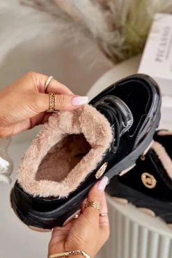 Damskie Buty Sportowe Sznurowane Ocieplane Na Platformie Czarne Verioras