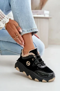 Damskie Buty Sportowe Sznurowane Ocieplane Na Platformie Czarne Verioras