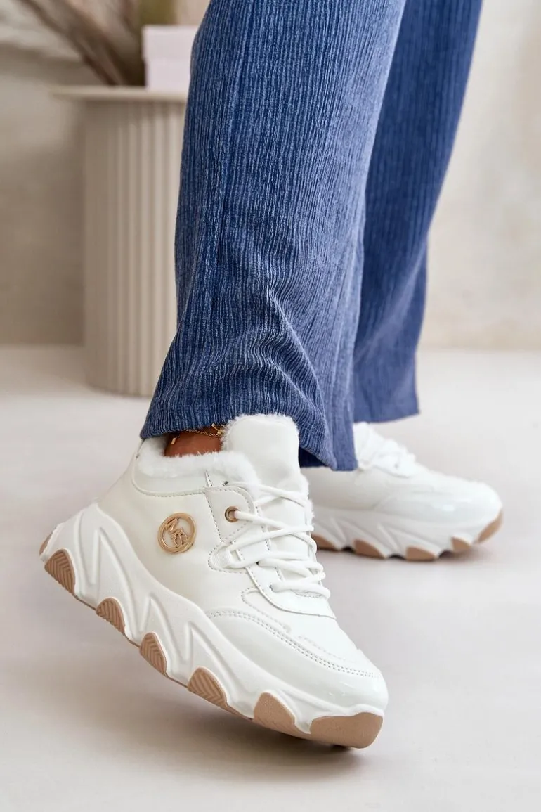 Damskie Buty Sportowe Sznurowane Ocieplane Na Platformie Białe Verioras