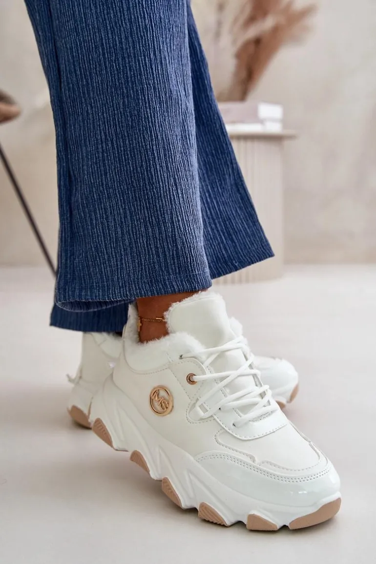 Damskie Buty Sportowe Sznurowane Ocieplane Na Platformie Białe Verioras