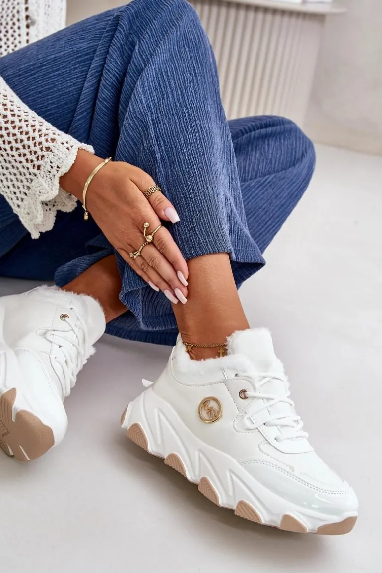 Damskie Buty Sportowe Sznurowane Ocieplane Na Platformie Białe Verioras