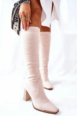 Damskie Ciepłe Kozaki Złoty Nosek Beżowe Puentos