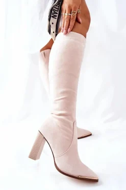 Damskie Ciepłe Kozaki Złoty Nosek Beżowe Puentos