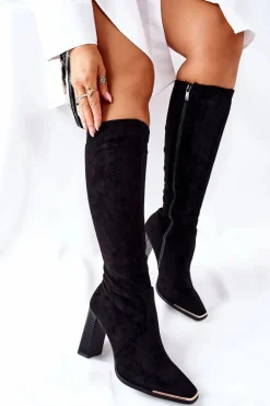 Damskie Ciepłe Kozaki Złoty Nosek Czarne Puentos