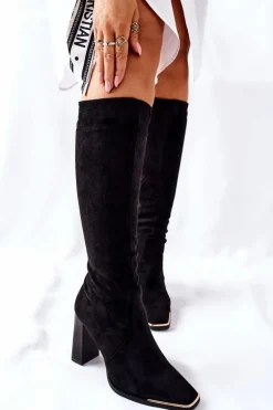 Damskie Ciepłe Kozaki Złoty Nosek Czarne Puentos