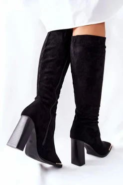 Damskie Ciepłe Kozaki Złoty Nosek Czarne Puentos