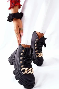 Damskie Ciepłe Trapery Botki z Łańcuchem Czarne Labri