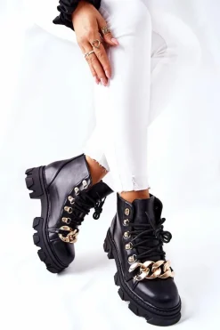 Damskie Ciepłe Trapery Botki z Łańcuchem Czarne Labri