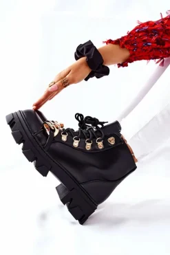 Damskie Ciepłe Trapery Botki z Łańcuchem Czarne Labri