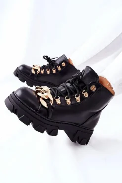 Damskie Ciepłe Trapery Botki z Łańcuchem Czarne Labri