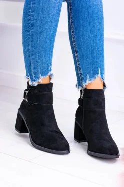 Damskie Czarne Botki Na Słupku Z Klamrą Zamsz Evoret