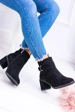 Damskie Czarne Botki Na Słupku Z Klamrą Zamsz Evoret