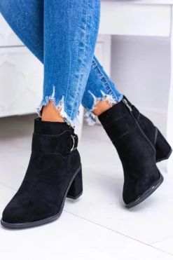 Damskie Czarne Botki Na Słupku Z Klamrą Zamsz Evoret