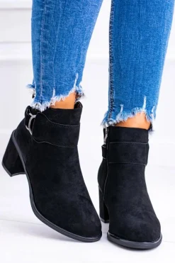 Damskie Czarne Botki Na Słupku Z Klamrą Zamsz Evoret