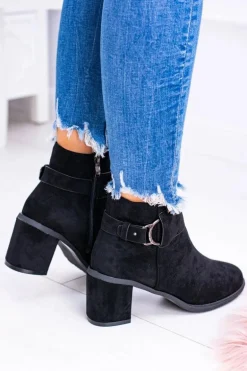 Damskie Czarne Botki Na Słupku Z Klamrą Zamsz Evoret