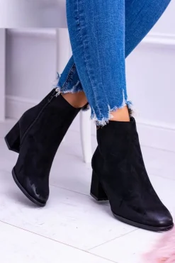 Damskie Czarne Botki Na Słupku Zamsz Ferimate