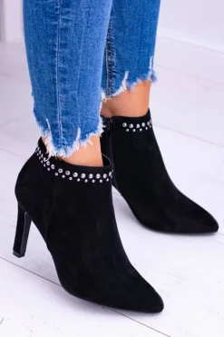 Damskie Czarne Botki Na Szpilce Nity Bemi
