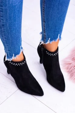 Damskie Czarne Botki Na Szpilce Nity Bemi