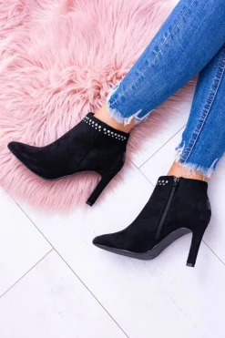 Damskie Czarne Botki Na Szpilce Nity Bemi