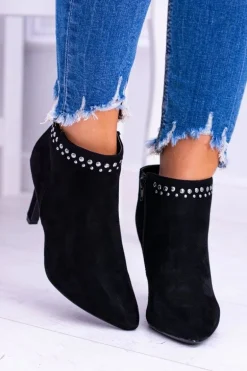 Damskie Czarne Botki Na Szpilce Nity Bemi