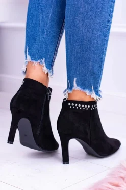 Damskie Czarne Botki Na Szpilce Nity Bemi