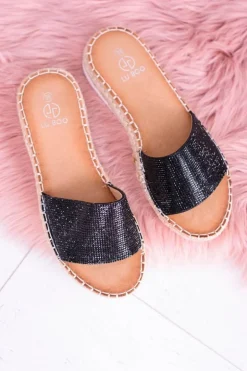 Damskie Czarne Klapki Lu Boo Cyrkonie ShineMadam