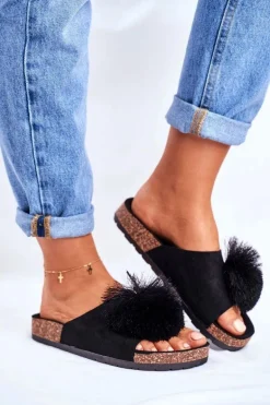 Damskie Czarne Klapki Na Korku z Pomponem Galaxo