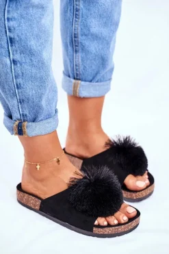 Damskie Czarne Klapki Na Korku z Pomponem Galaxo