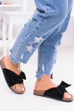 Damskie Czarne Klapki Na Korku Kokarda Dominica