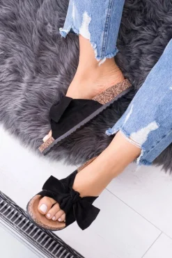 Damskie Czarne Klapki Na Korku Kokarda Dominica