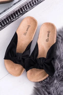 Damskie Czarne Klapki Na Korku Kokarda Dominica