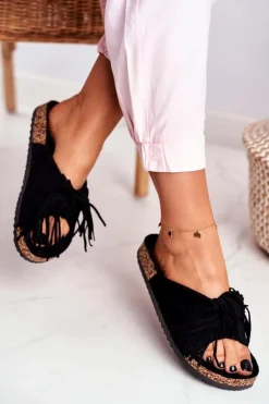 Damskie Czarne Klapki Na Korku Frędzle Marina
