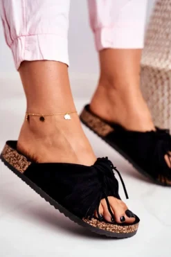 Damskie Czarne Klapki Na Korku Frędzle Marina