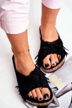 Damskie Czarne Klapki Na Korku Frędzle Marina